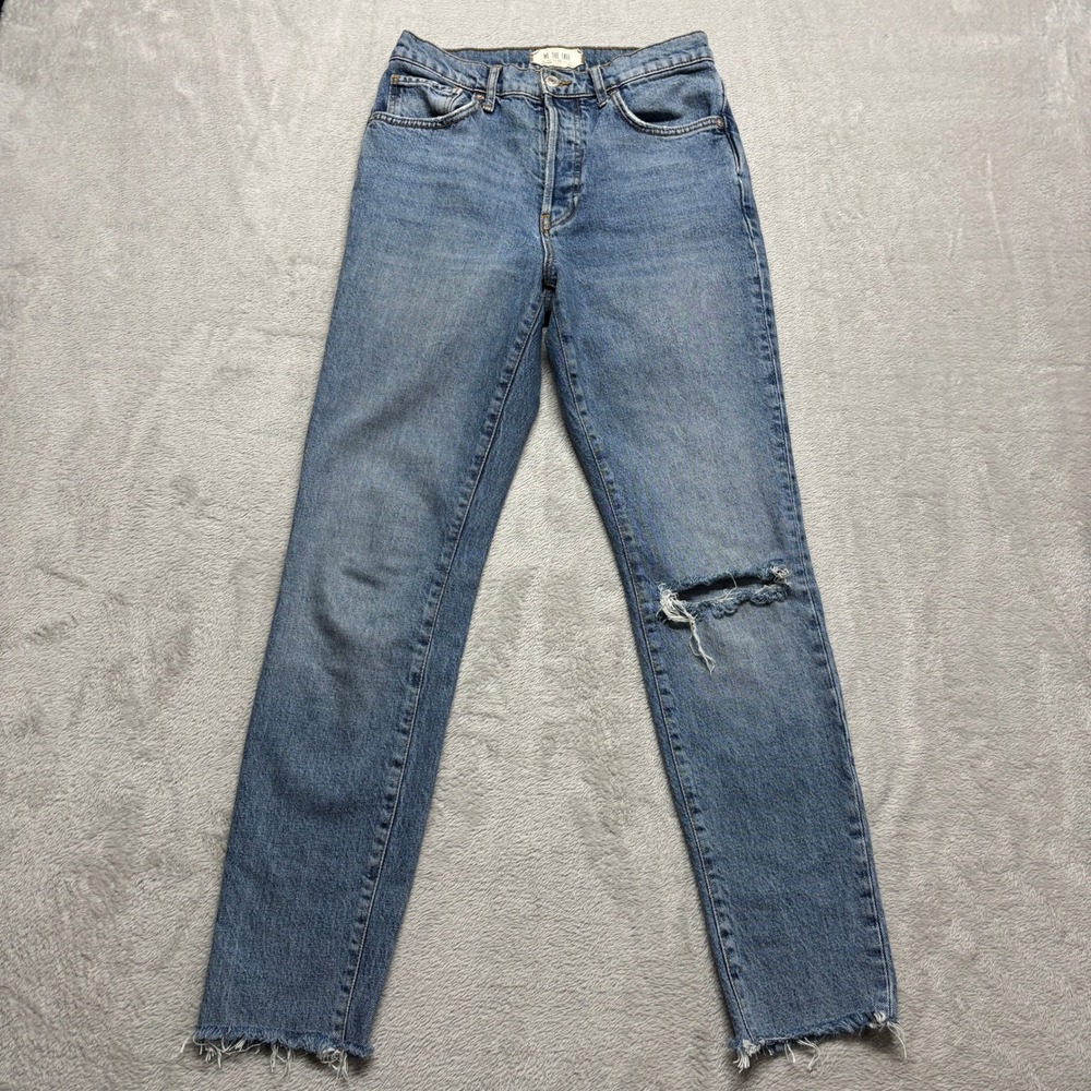 We The Free People High Rise Distressed Straight Leg Jeans Womens 27x28 Med Wash